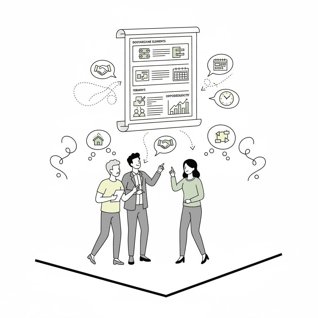 Zespół prowadzący burzę mózgów przy stole, żarówka nad głowami i szkice na tablicy – symbol kreatywności i współpracy